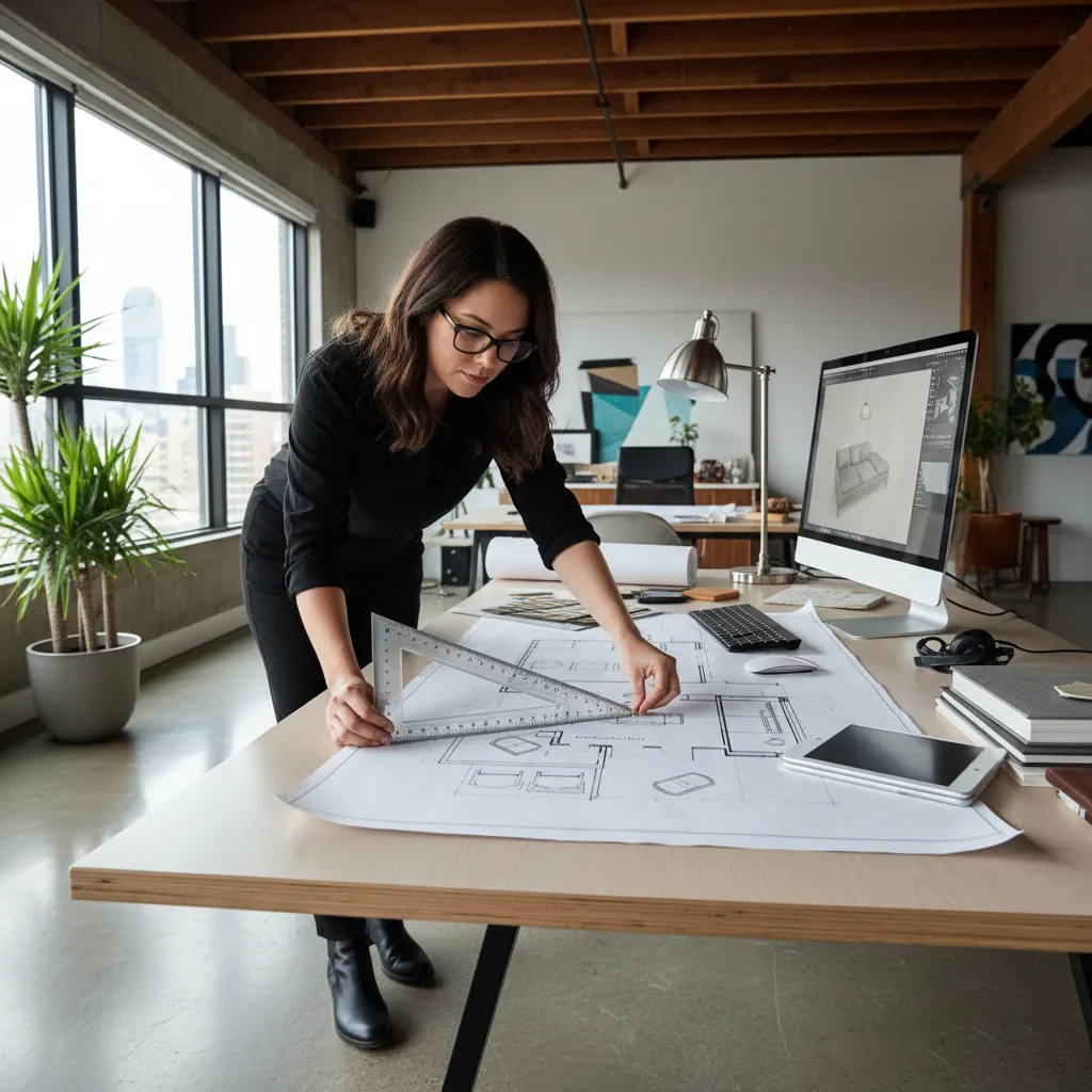 Diseñador midiendo mobiliario en un plano de interiorismo