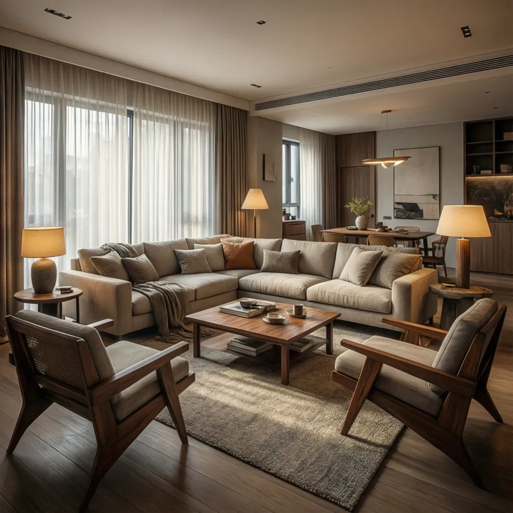 Modern living room with beige sofa wooden coffee table two armchairs and warm table lamps