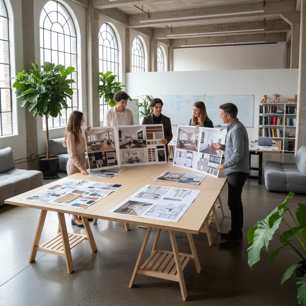 Group of students holding interior design boards with room drawings and photos around large table
