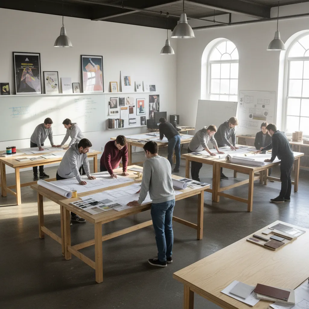 Aula universitaria de diseño de interiores con estudiantes revisando planos
