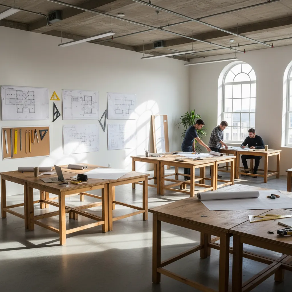 Estudio de diseño de interiores en una escuela con mesas de trabajo y planos