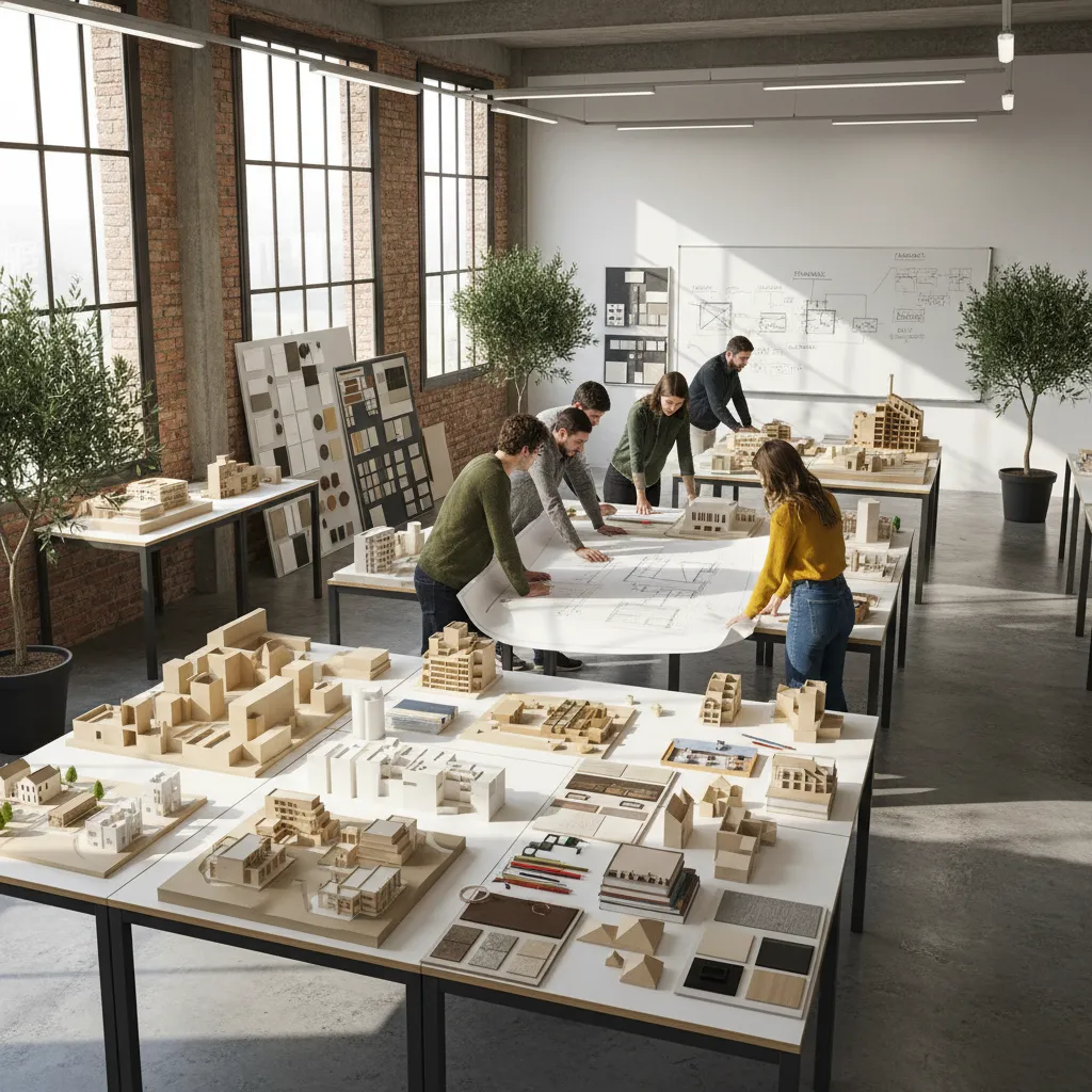 Designers working in studio with many wooden building models and large paper room layout plans