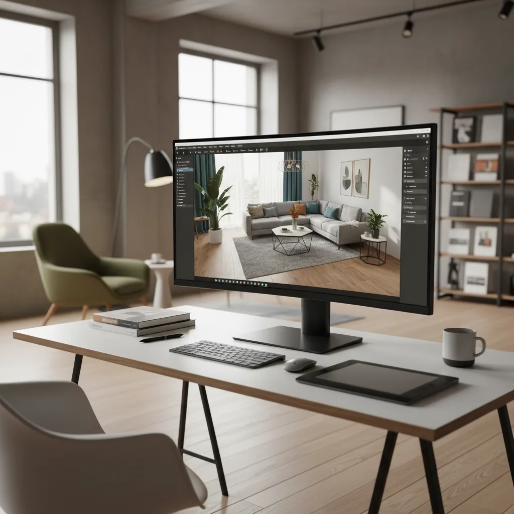 Desktop monitor showing interior design software with a living room layout and modern furniture pieces