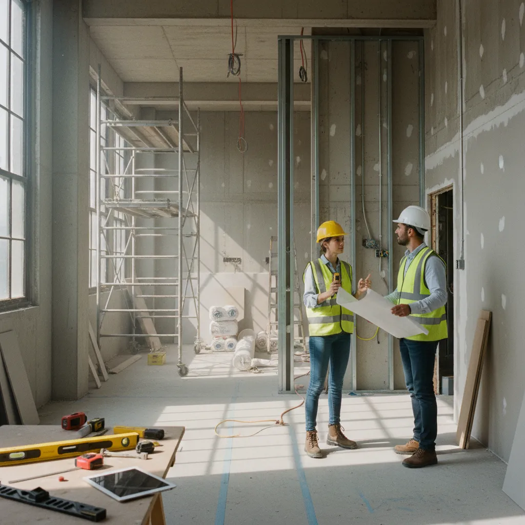 Two construction workers in safety vests and hard hats discussing interior design plans on site
