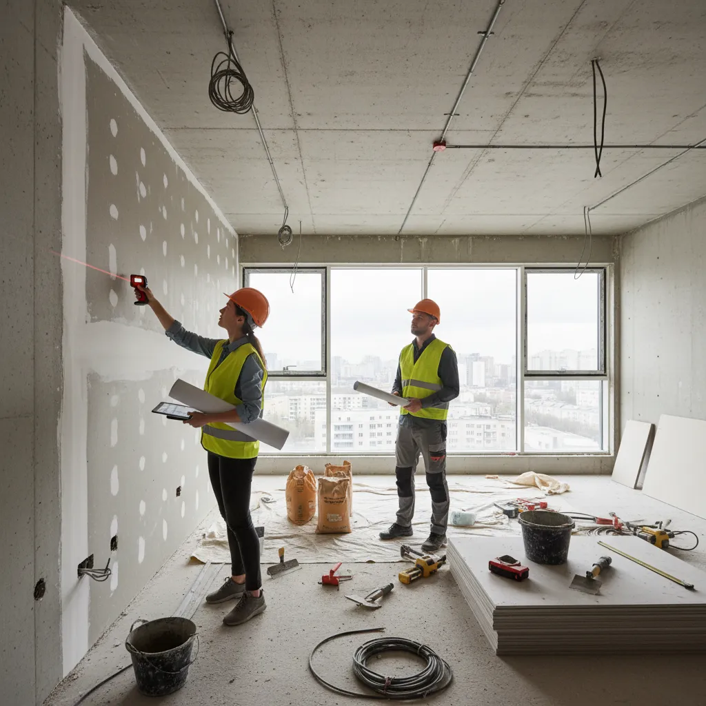Diseñador de interiores revisando una obra de reforma en una vivienda