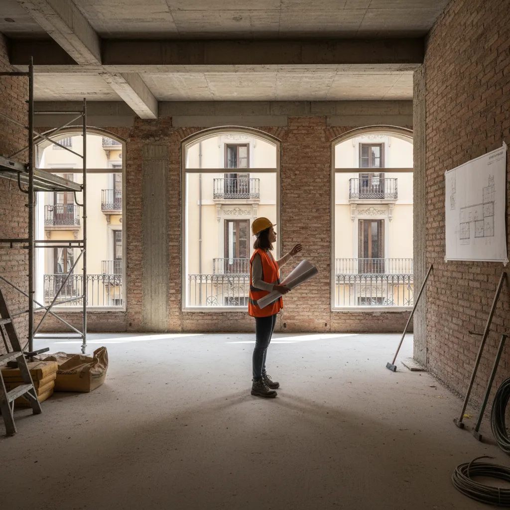 Diseñadora de interiores visitando una obra en un apartamento