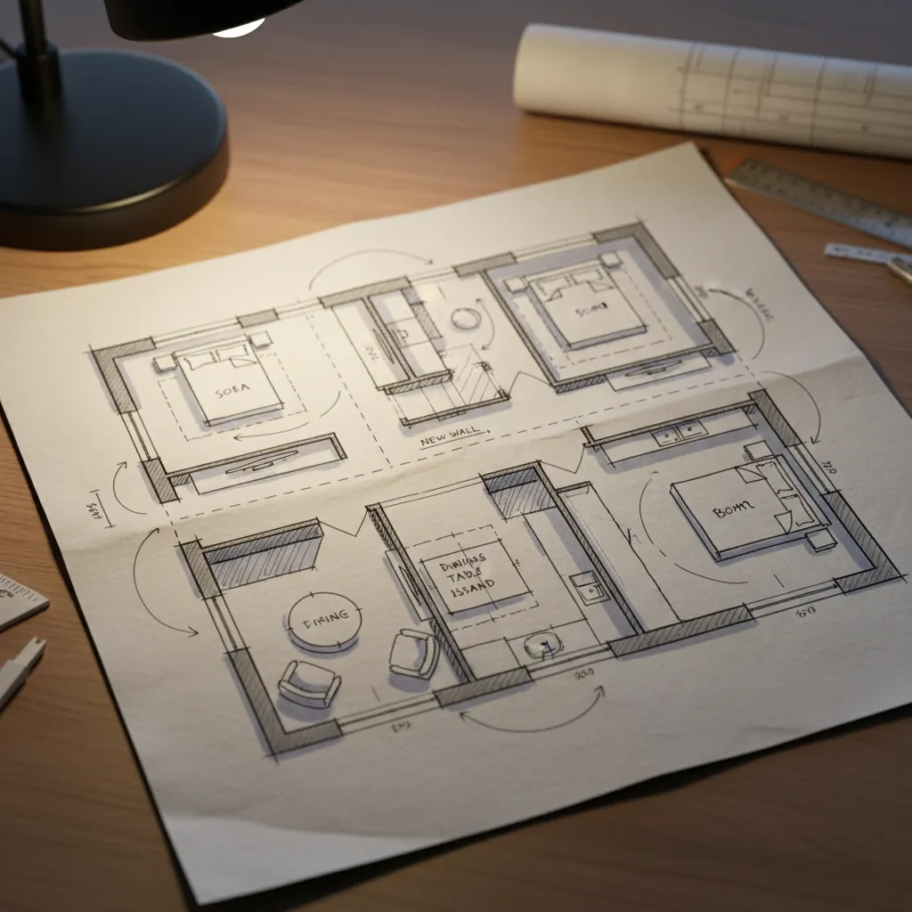 Boceto de interior con flechas de circulación y zonas marcadas