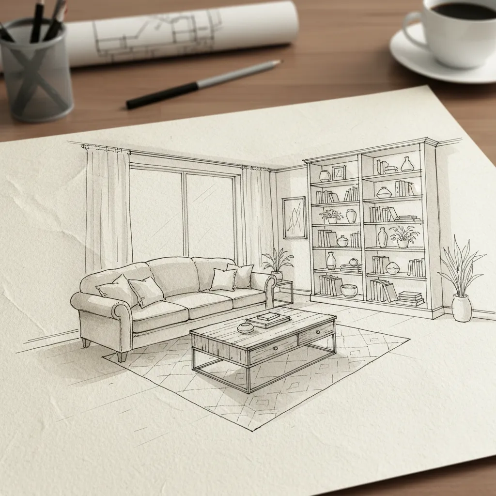 Hand-drawn interior design sketch of a living room with sofa, coffee table, and large bookshelf