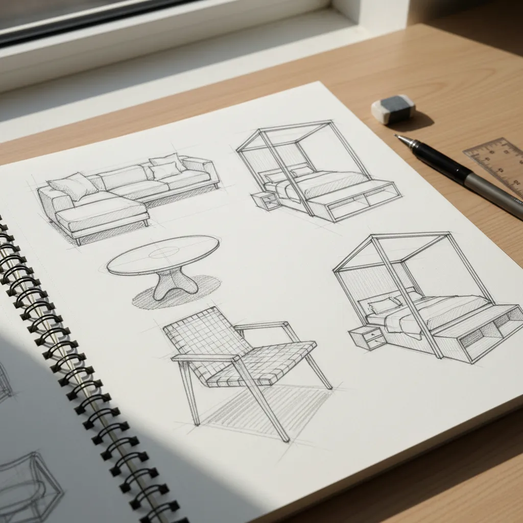 Página de cuaderno con ejercicios de bocetos de muebles para interiorismo