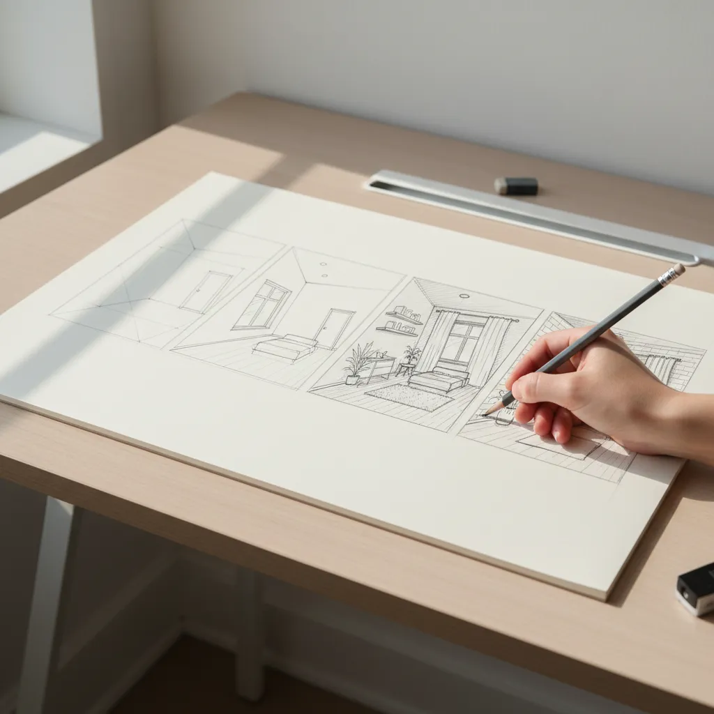 Proceso de dibujo de una habitación en perspectiva con lápiz