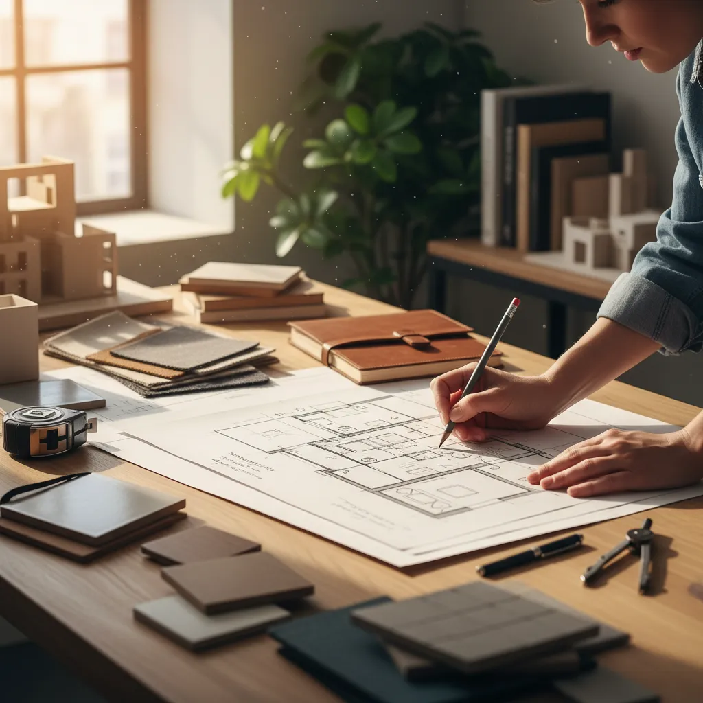 Person drawing a house floor plan with pencil on paper in a sunny design studio office