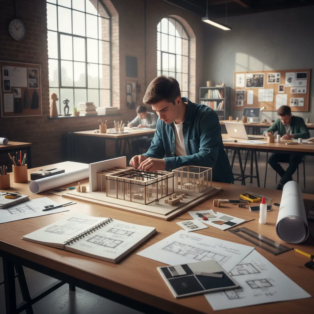 estudiante de diseño creando modelos y bocetos de interiores