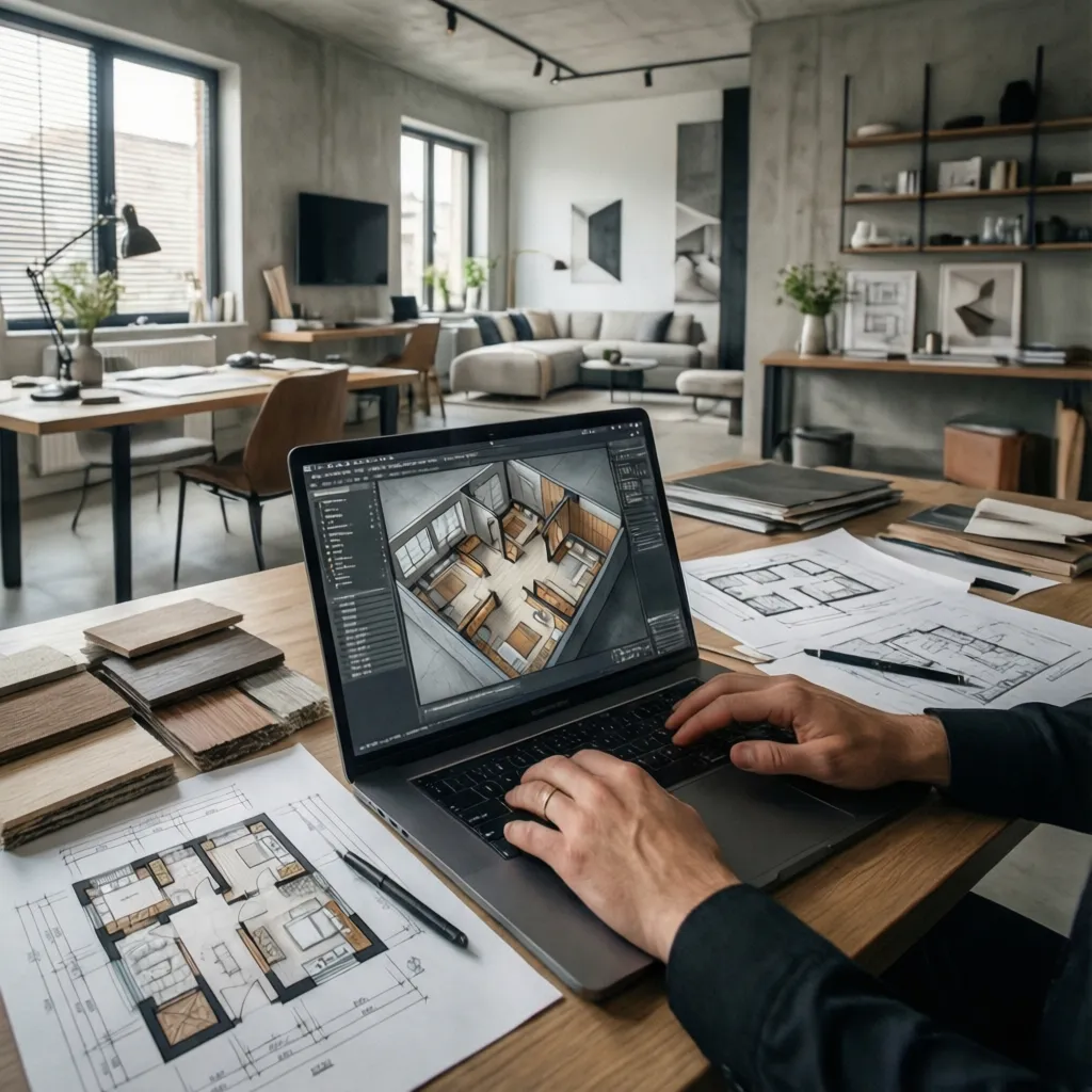 Person using laptop for interior design drawing with floor plans and wood samples on desk