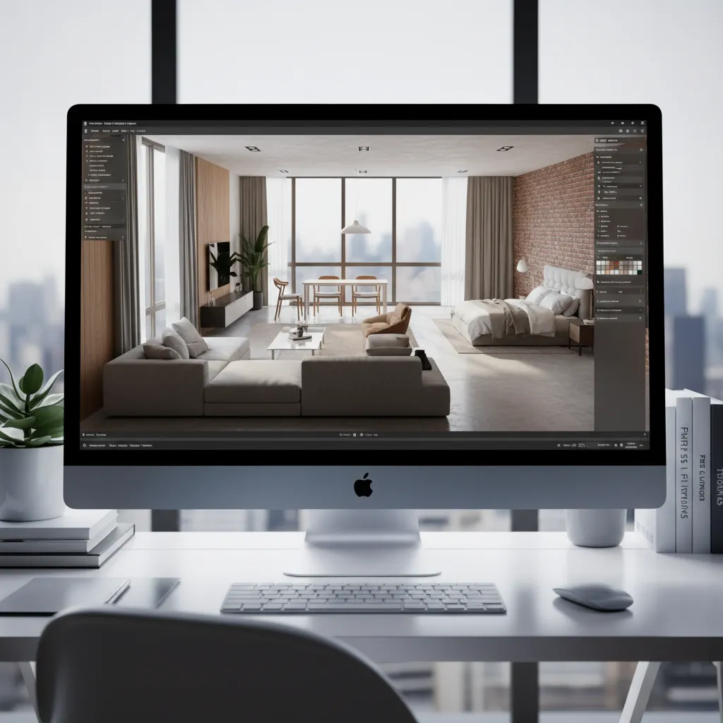 Plano de vivienda en 3D con muebles colocados digitalmente