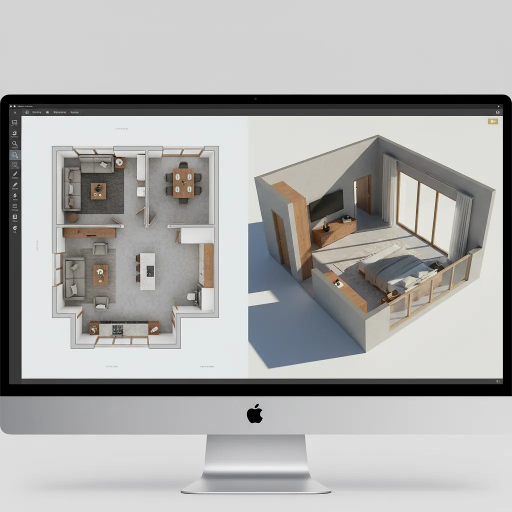 Pantalla mostrando plano 3D de una vivienda con muebles colocados digitalmente