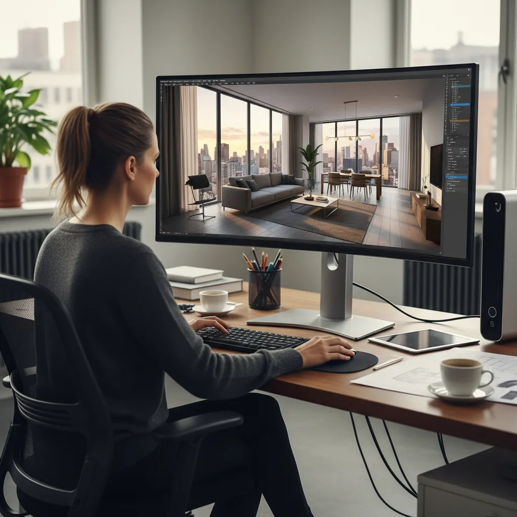 Woman using interior design software to create modern living room layout on a large monitor
