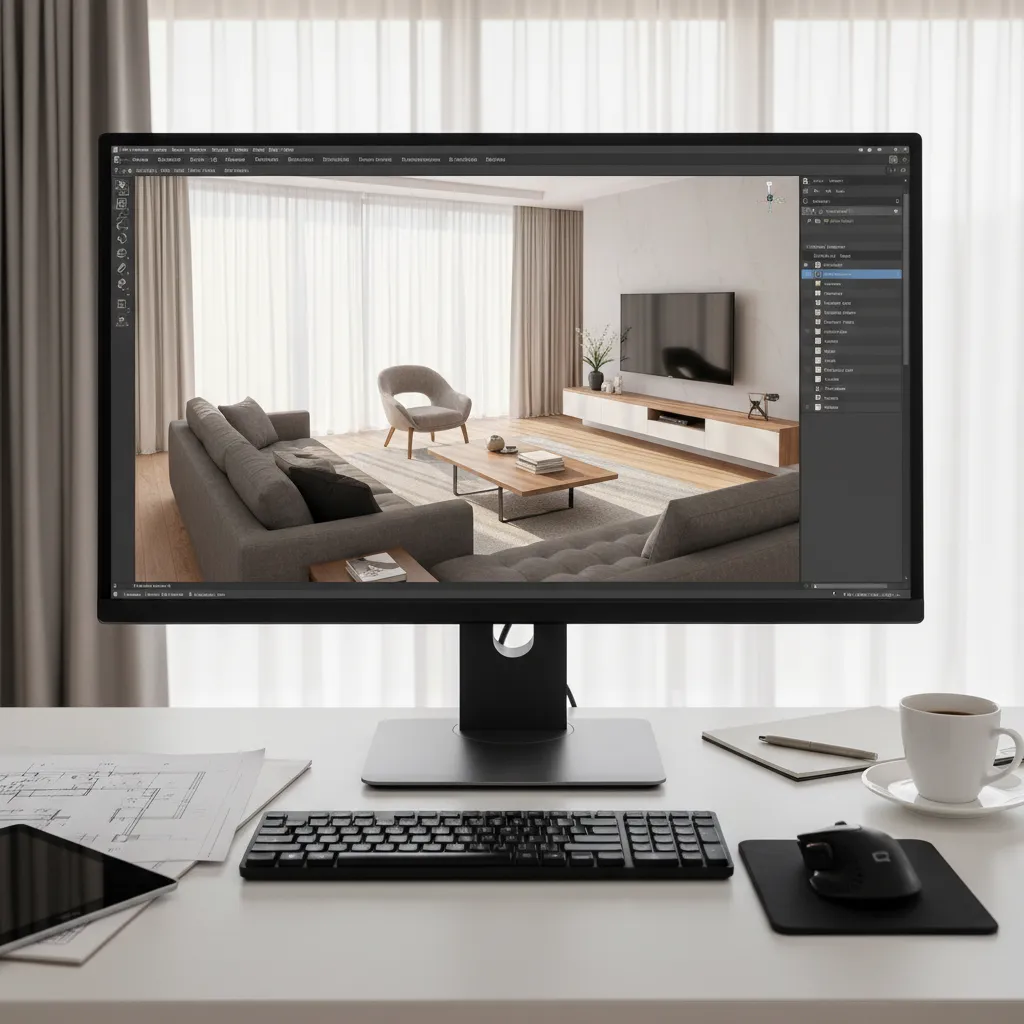 Computer screen displaying a 3D interior design model of a modern living room
