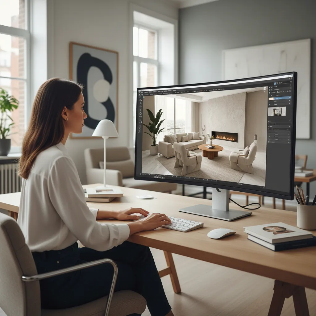 Interior designer working on 3D room model using design software