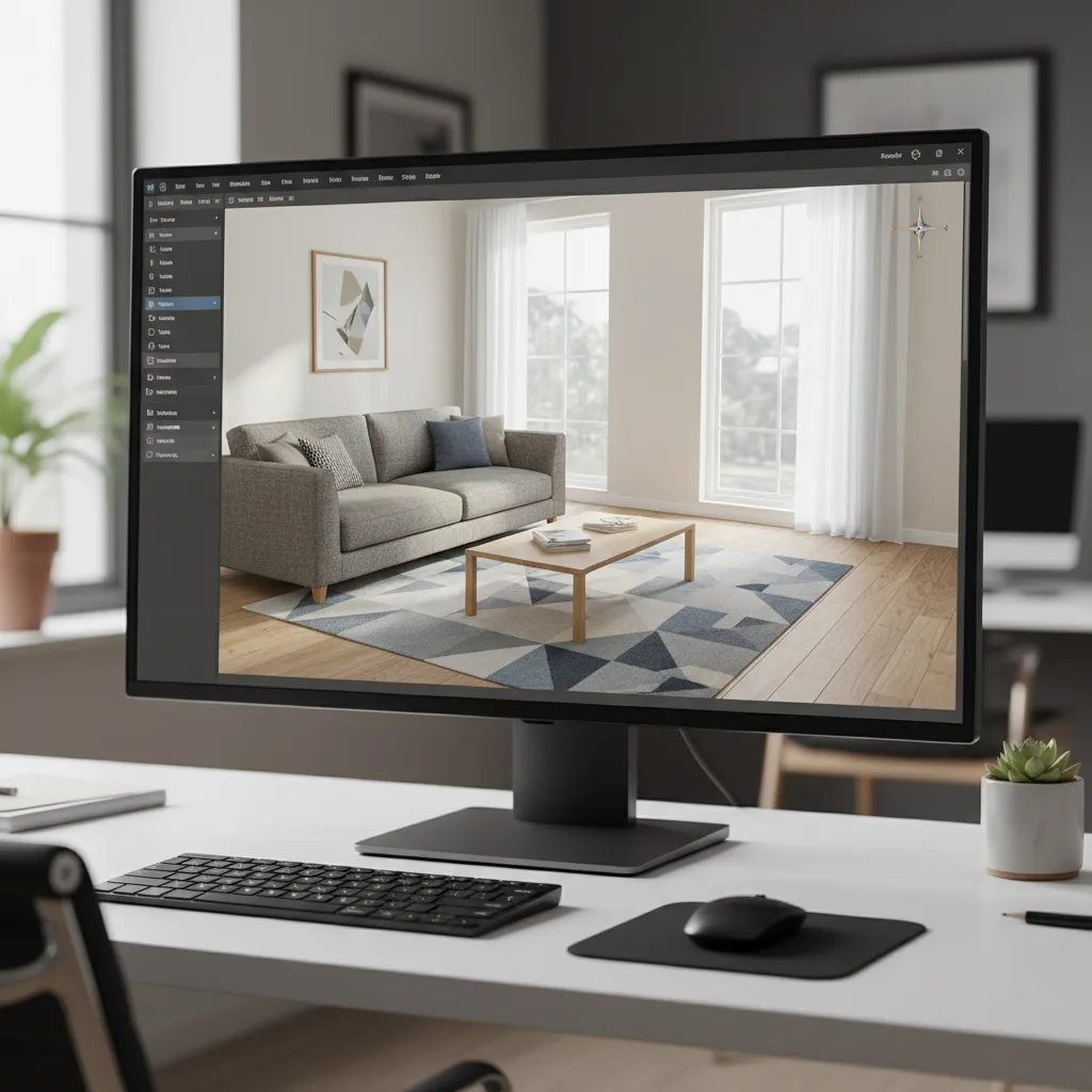 3D interior design software interface showing a digital living room layout