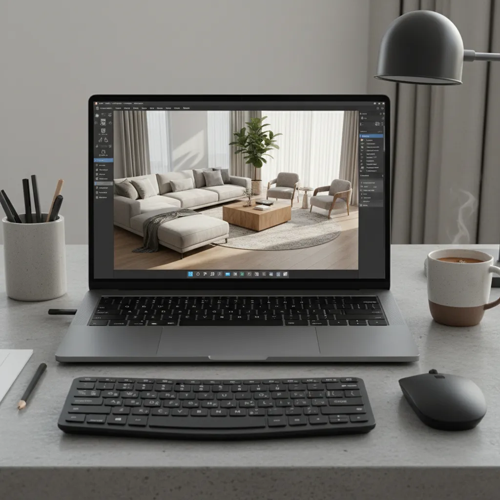 Laptop showing interior design software with a 3D living room model