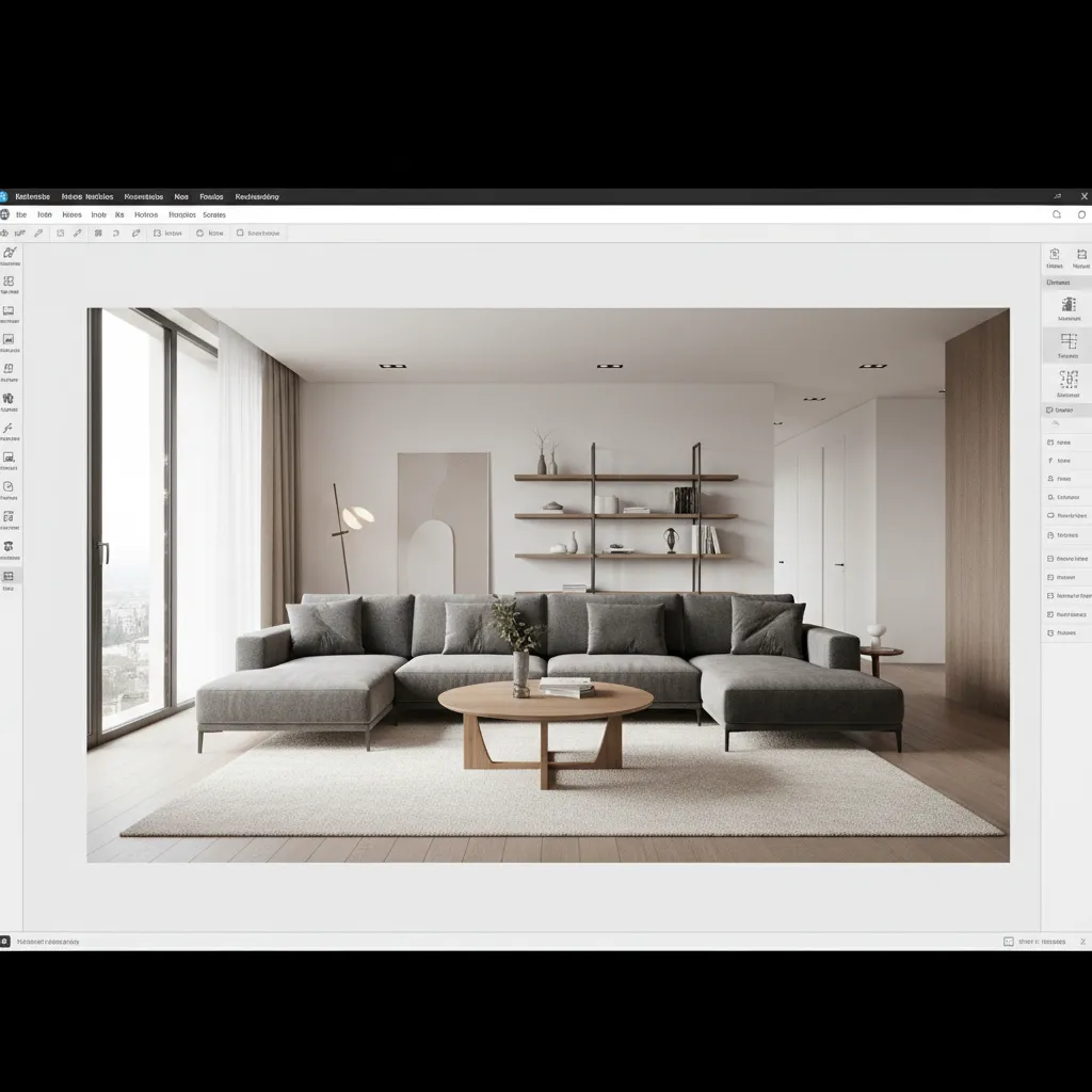 3D interior design software preview showing a furnished living room layout