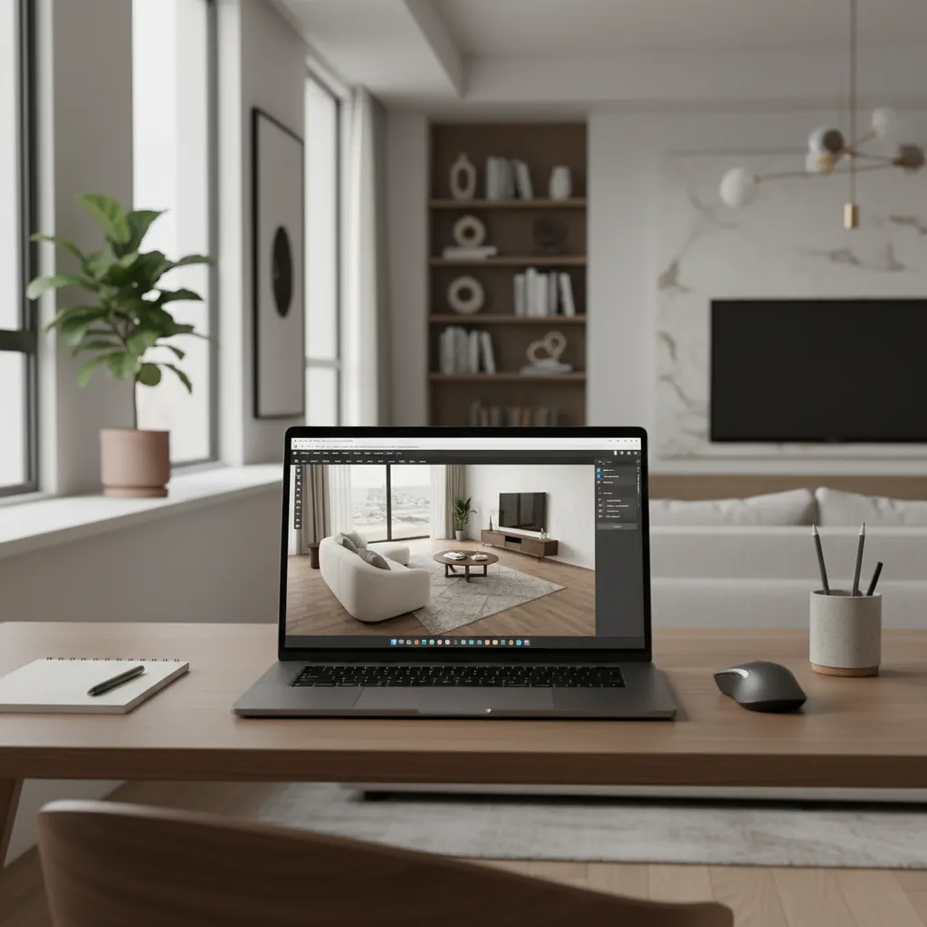 Laptop showing 3D room layout planning software for home decor