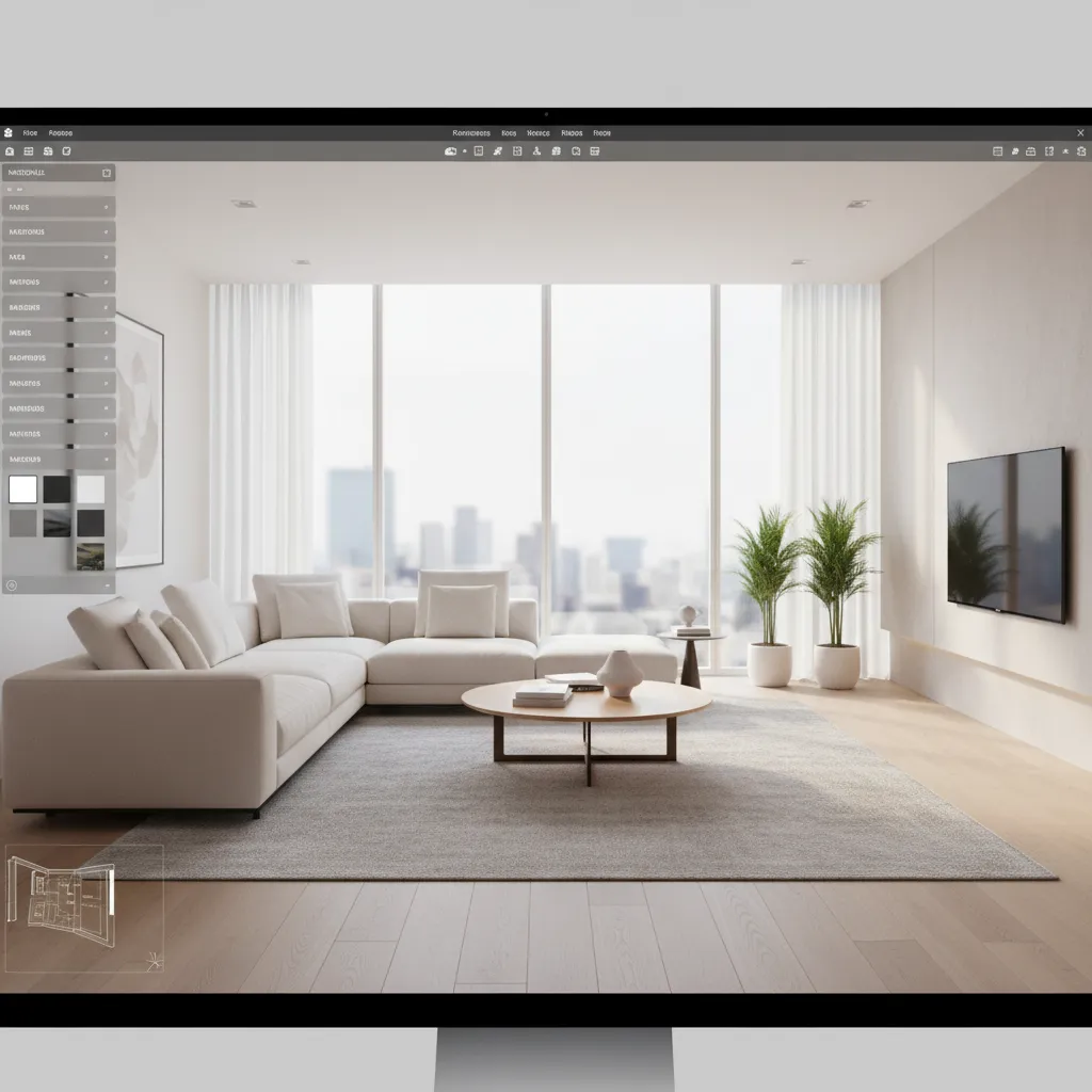 3D interior design software preview showing a modern living room layout