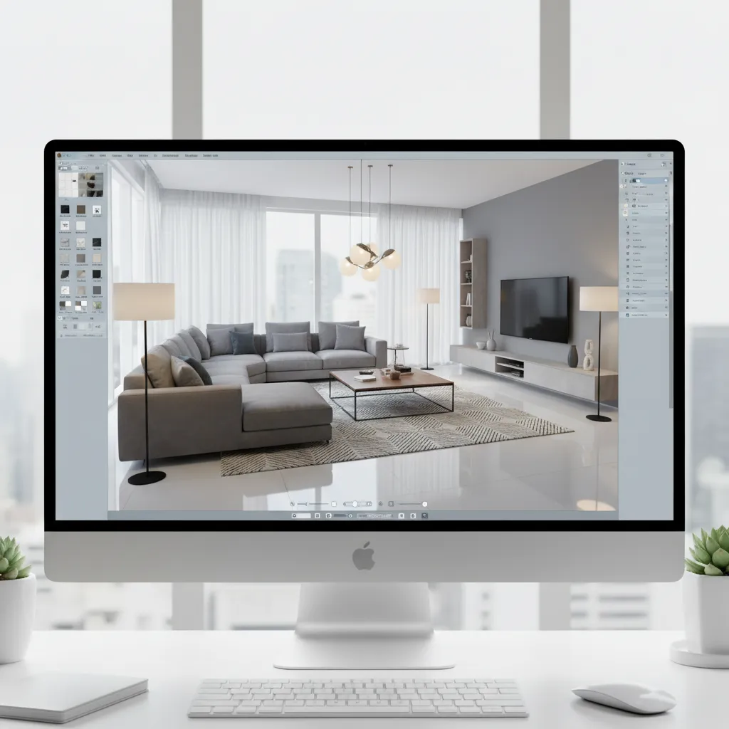 3D interior design software interface showing a living room layout with furniture placement
