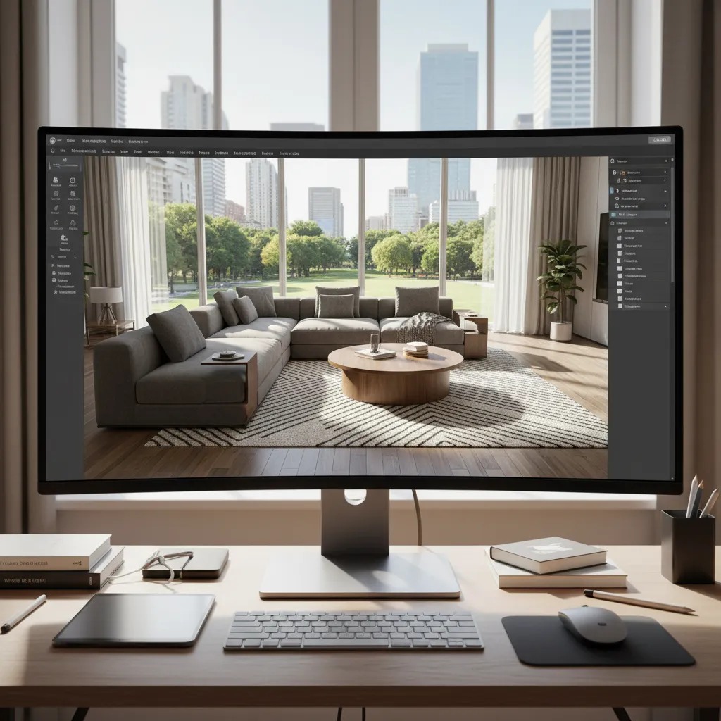 Vista 3D de un salón diseñado con software de interiorismo