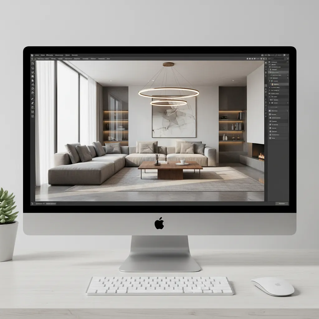 Pantalla de ordenador mostrando un modelo 3D de un salón diseñado digitalmente