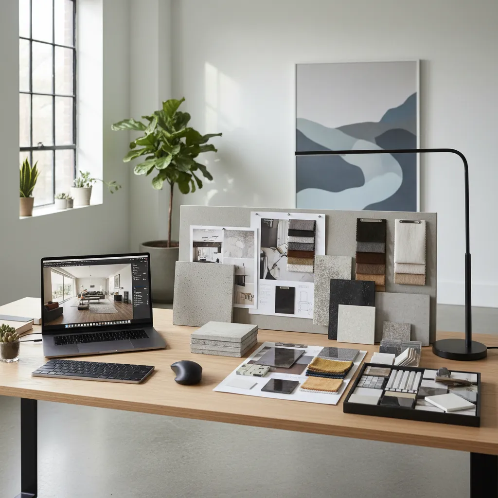 designer using laptop with interior design software and mood boards on desk