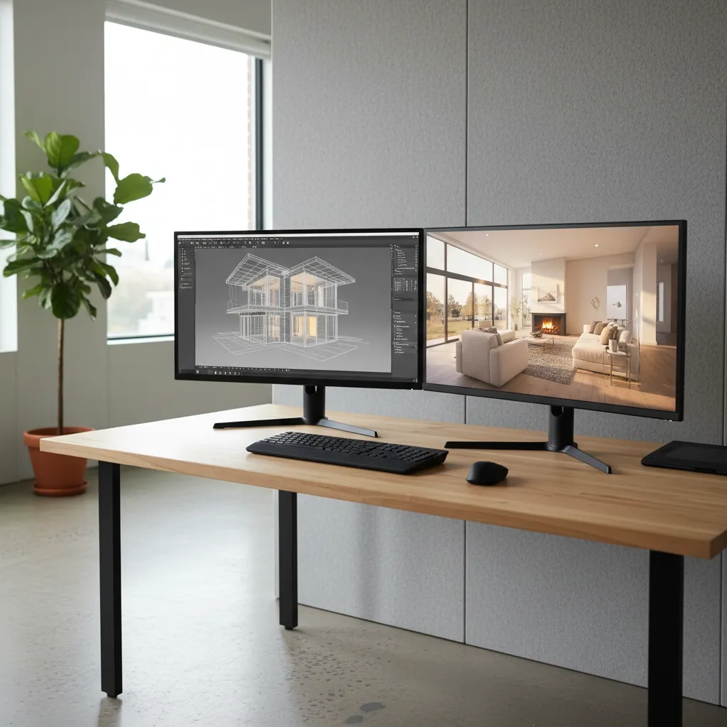 Designer comparing multiple interior design software tools on screens