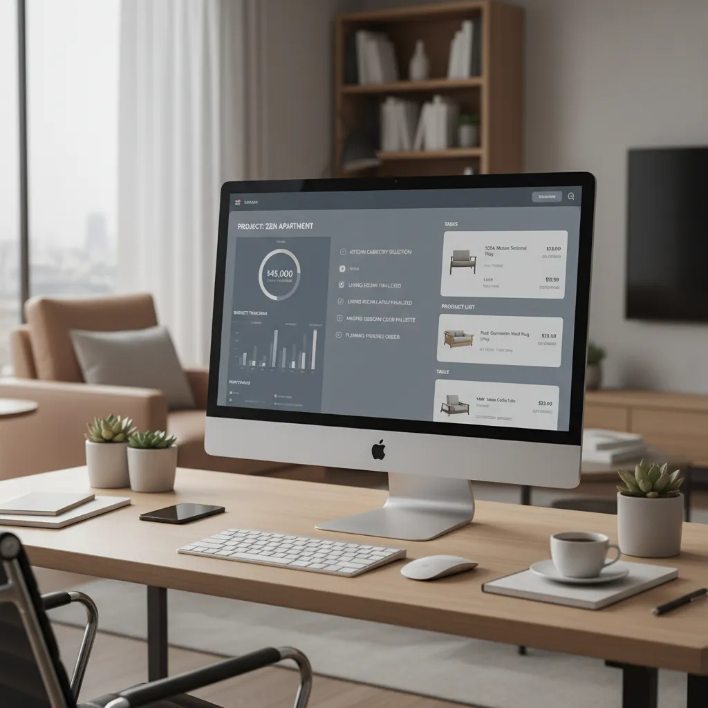 Interior design project management dashboard showing tasks budgets and client approvals
