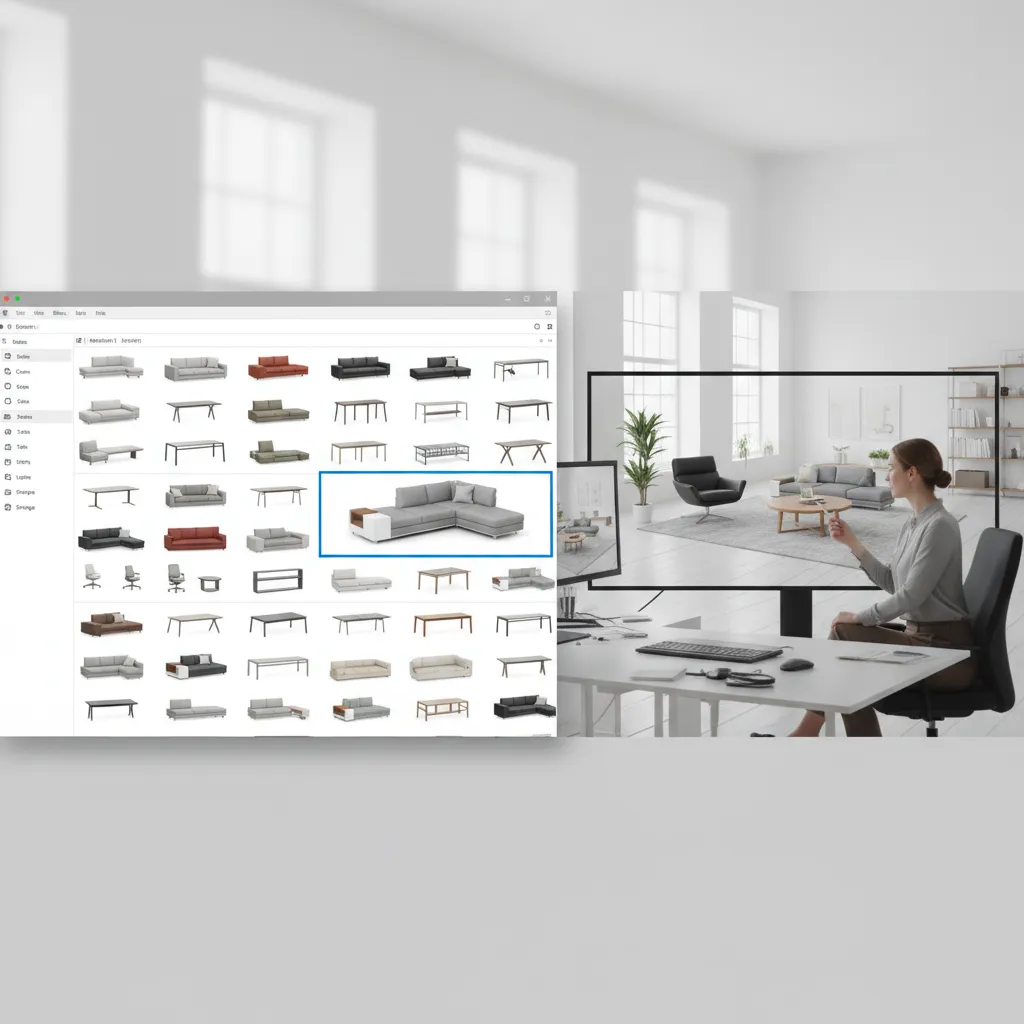 Furniture library selection inside interior design software interface