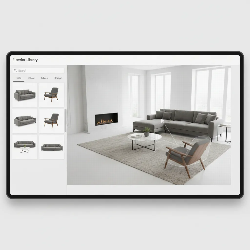 Interior design software furniture library with drag and drop models