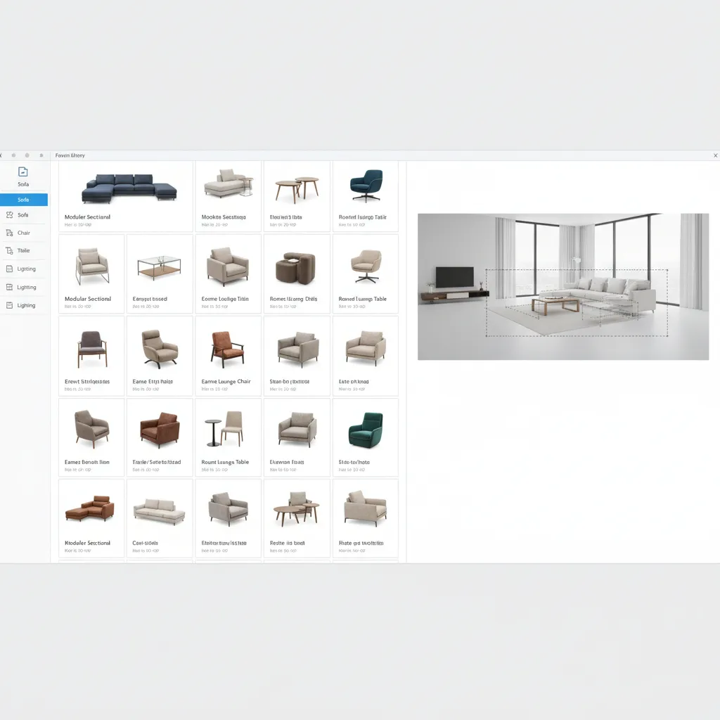 3D interior design software furniture library showing sofas chairs and tables for layout planning