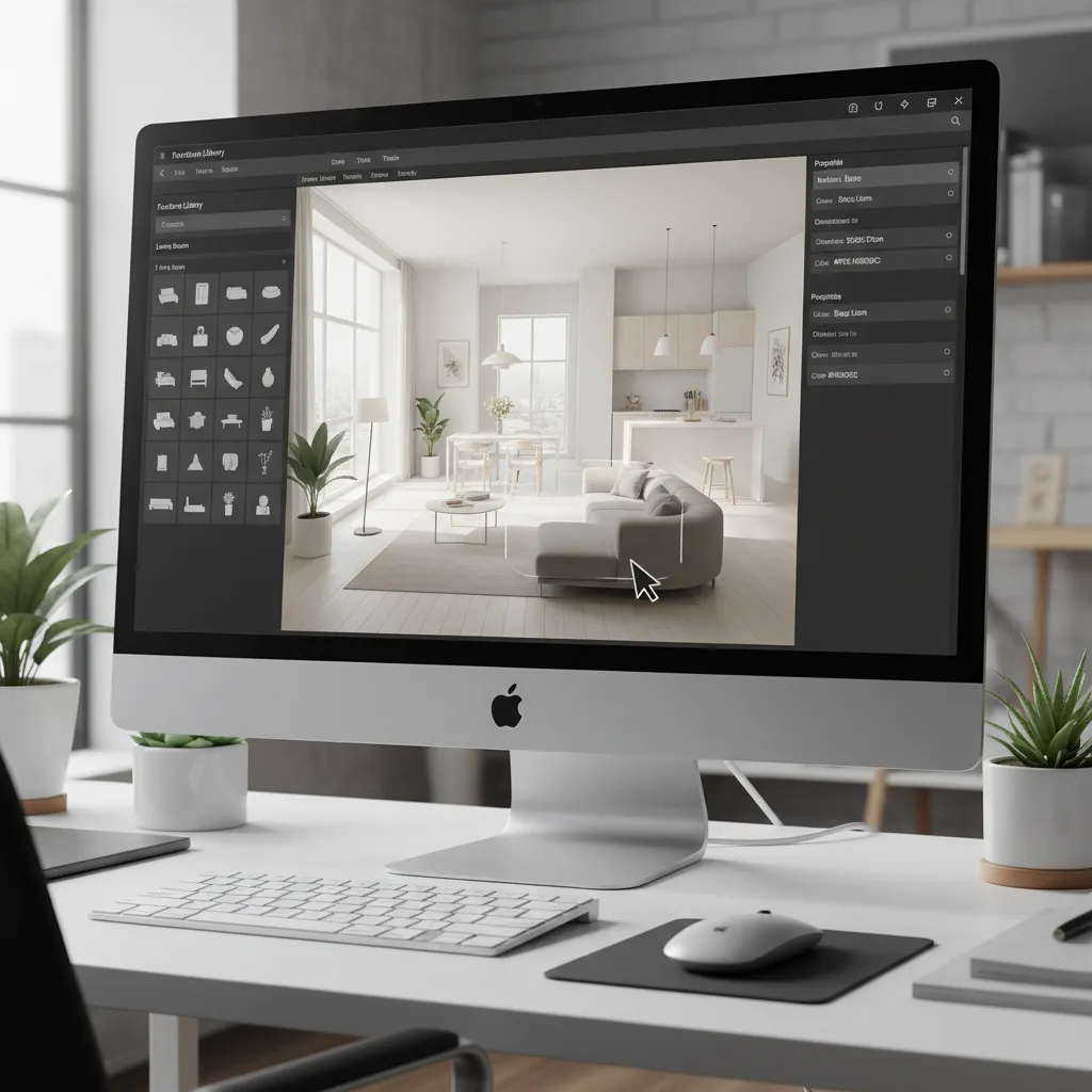 Interior design software on a computer monitor displaying a modern living room and open kitchen