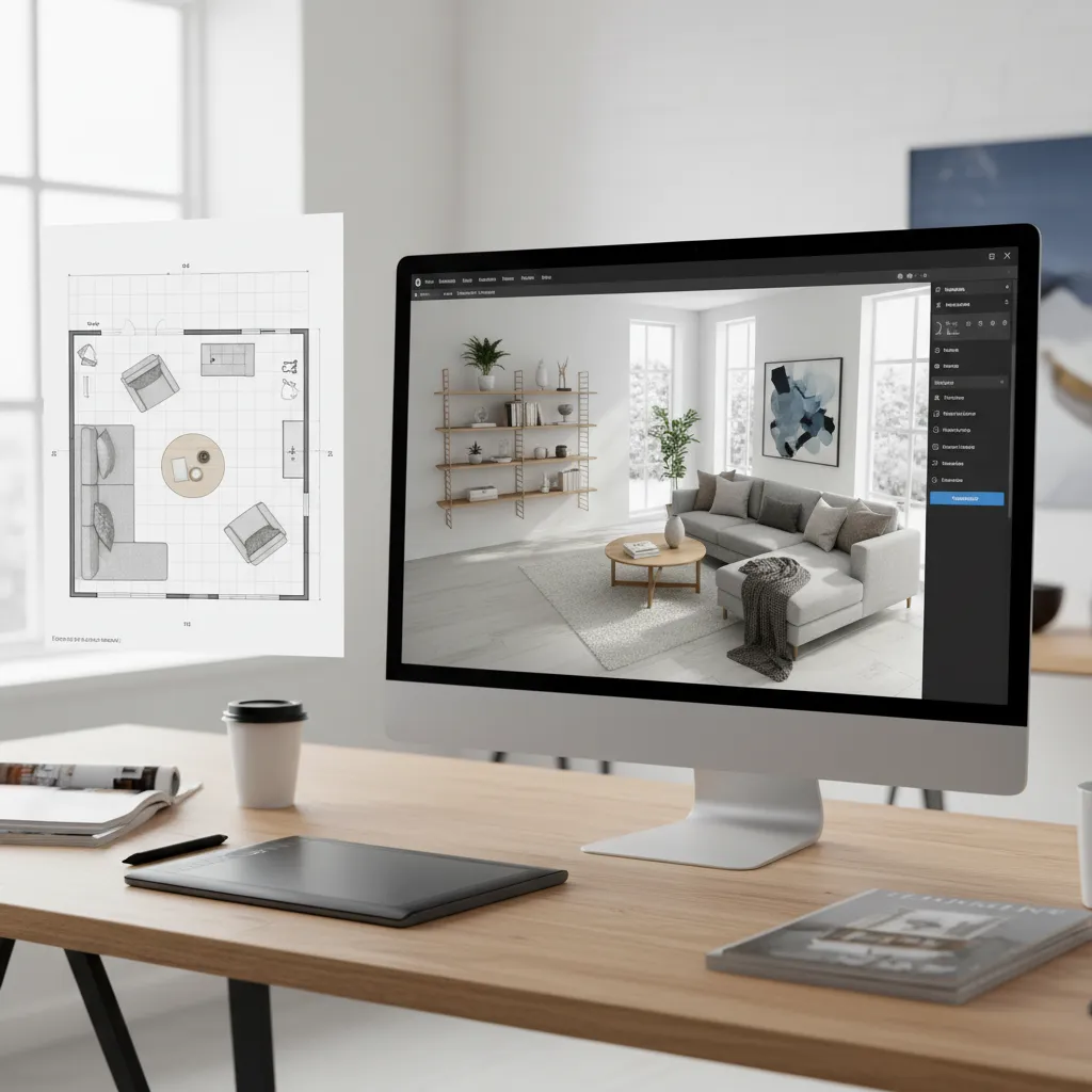 Interfaz de software de diseño interior mostrando plano 2D y vista 3D