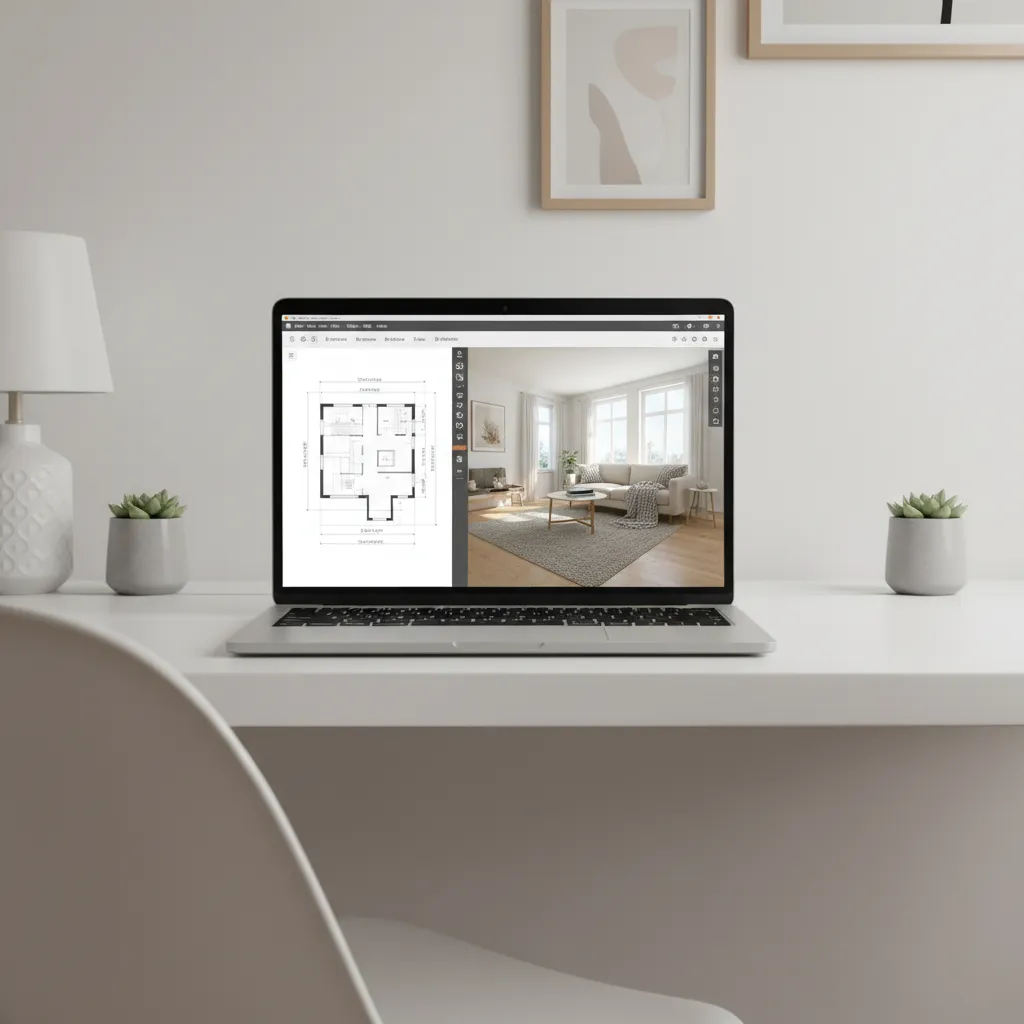 Laptop displaying interior design software with a 3D living room layout