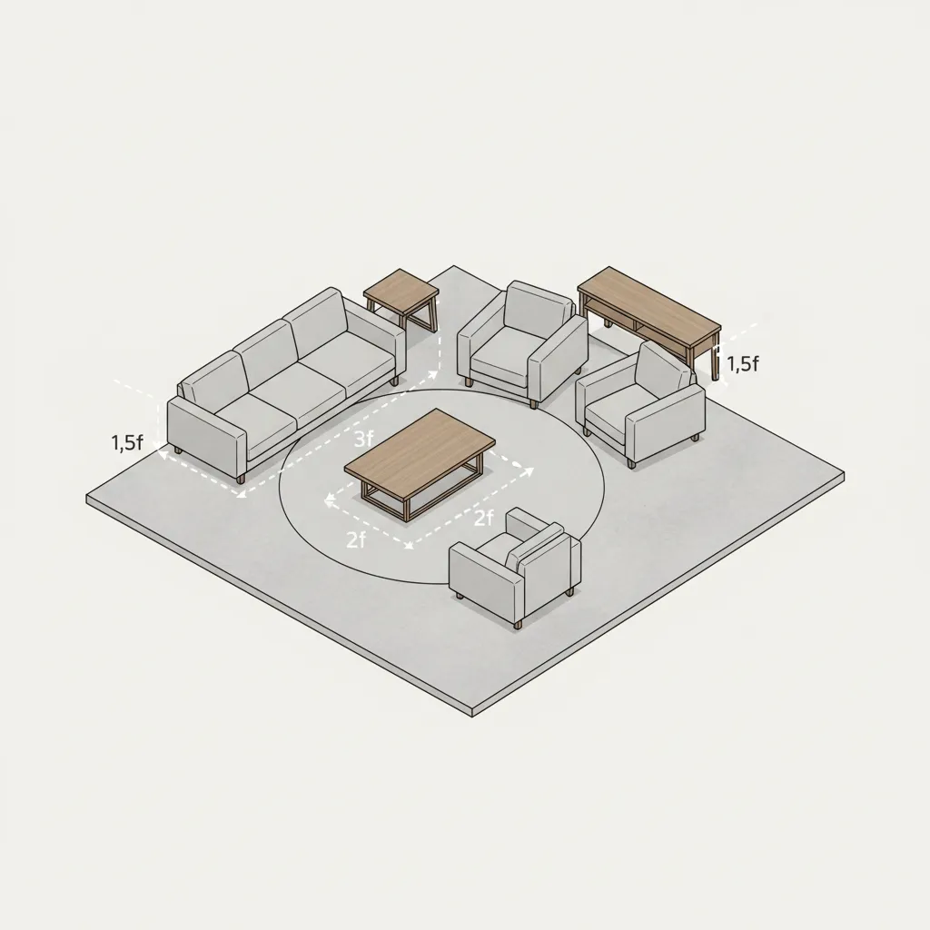 Interior design software example showing furniture spacing and walkway clearance