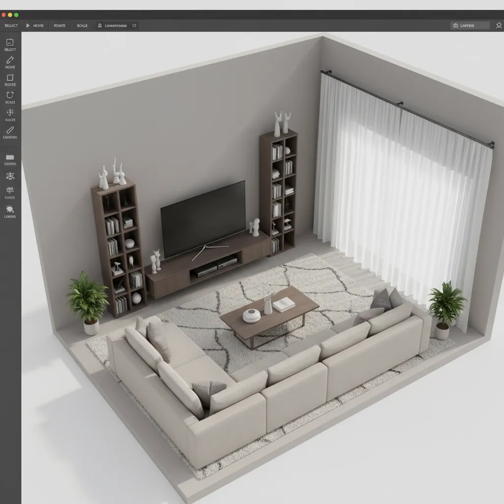 3D living room layout created in interior design software