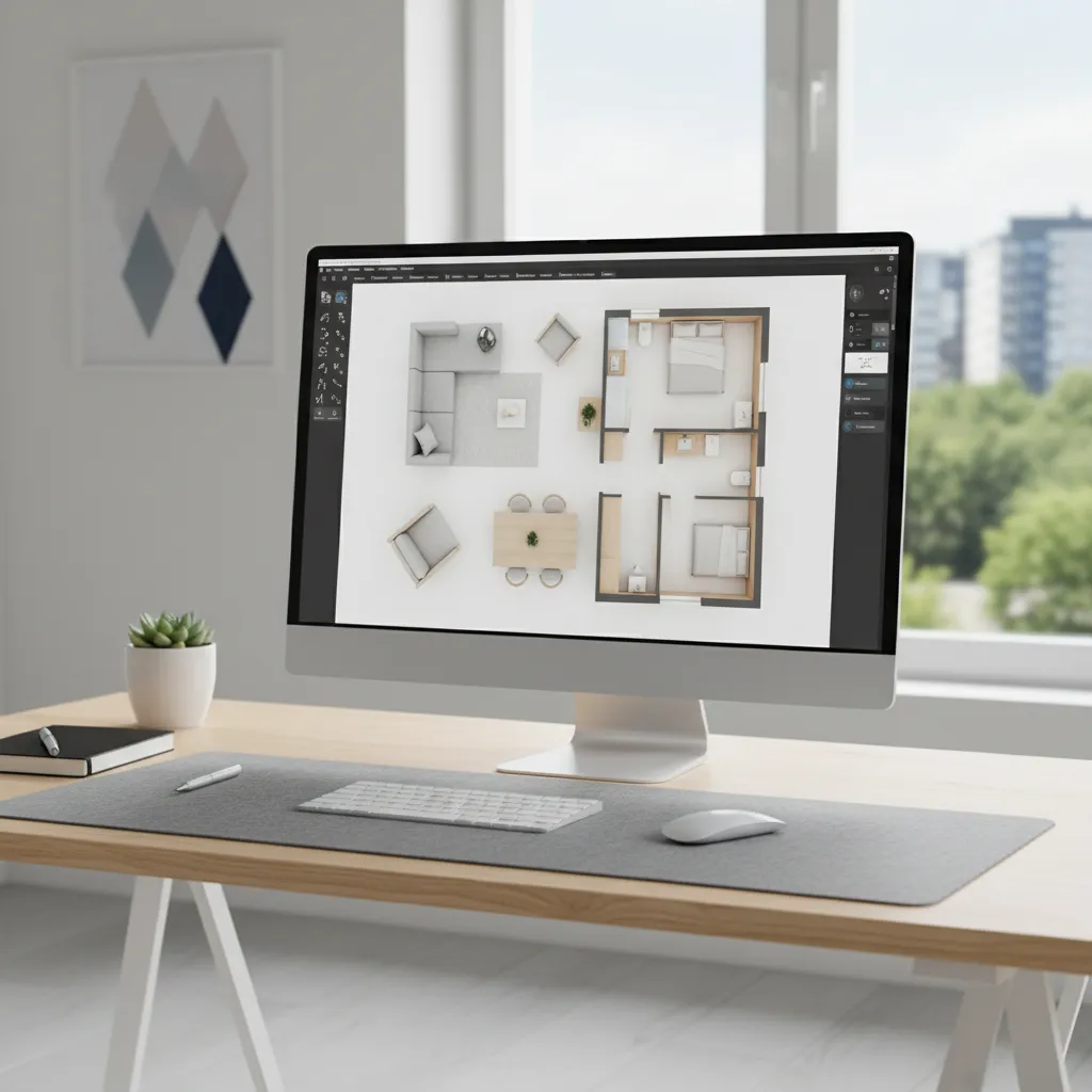 Pantalla de ordenador mostrando plano de salón con muebles