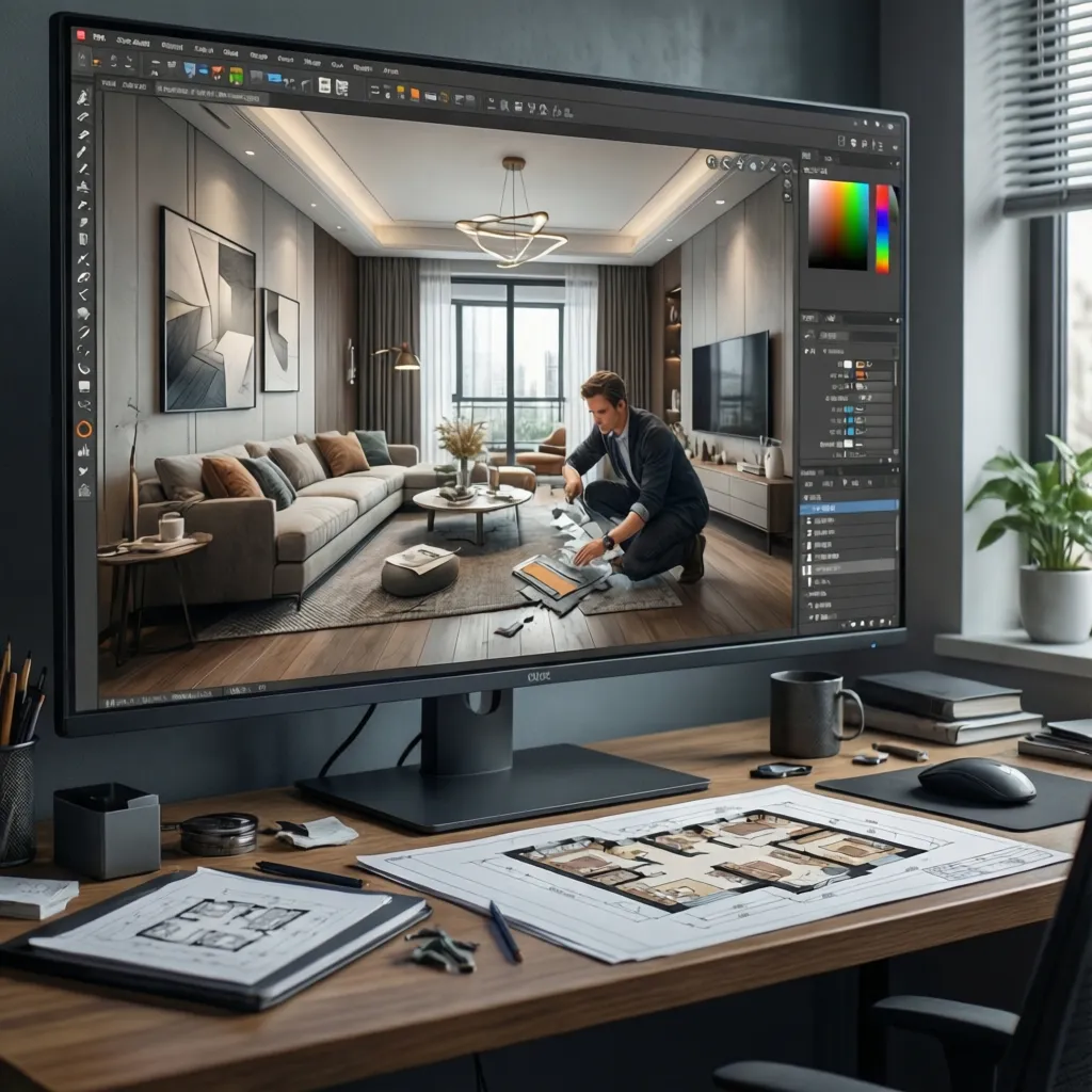 Persona trabajando en un plano digital de un apartamento usando software de diseño