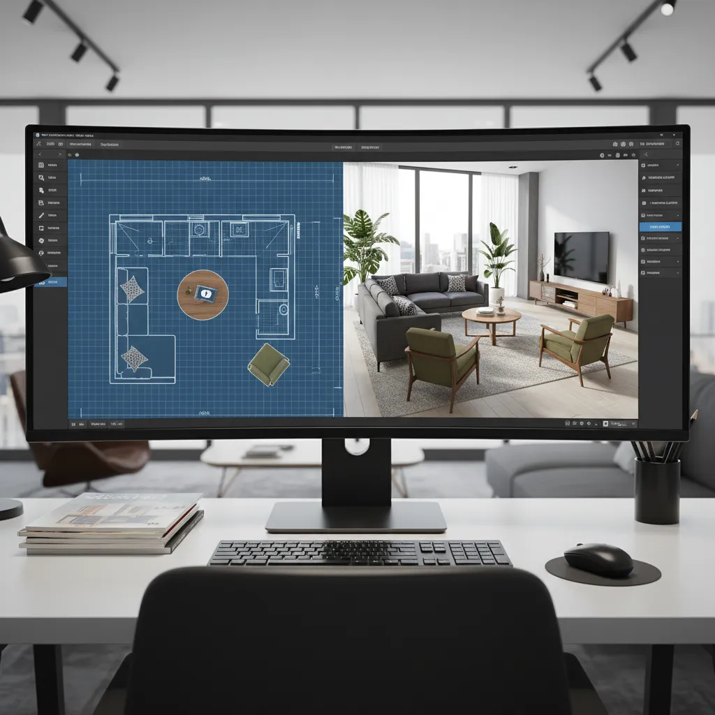 Interior design software interface showing a living room floor plan and 3D preview