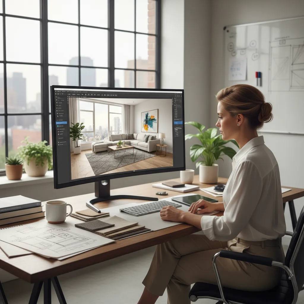 Interior designer planning a living room layout using design software on computer