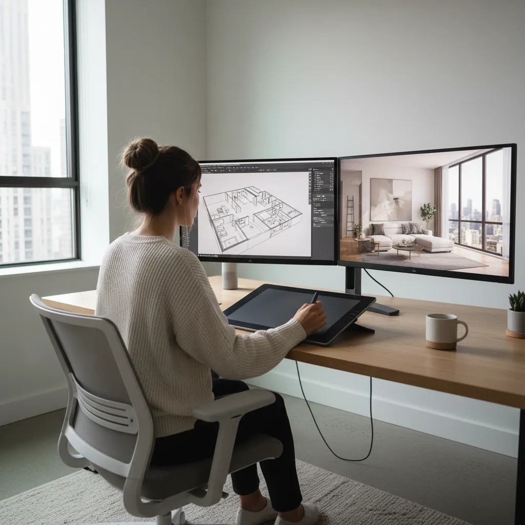 Diseñador creando un modelo 3D de interior en ordenador