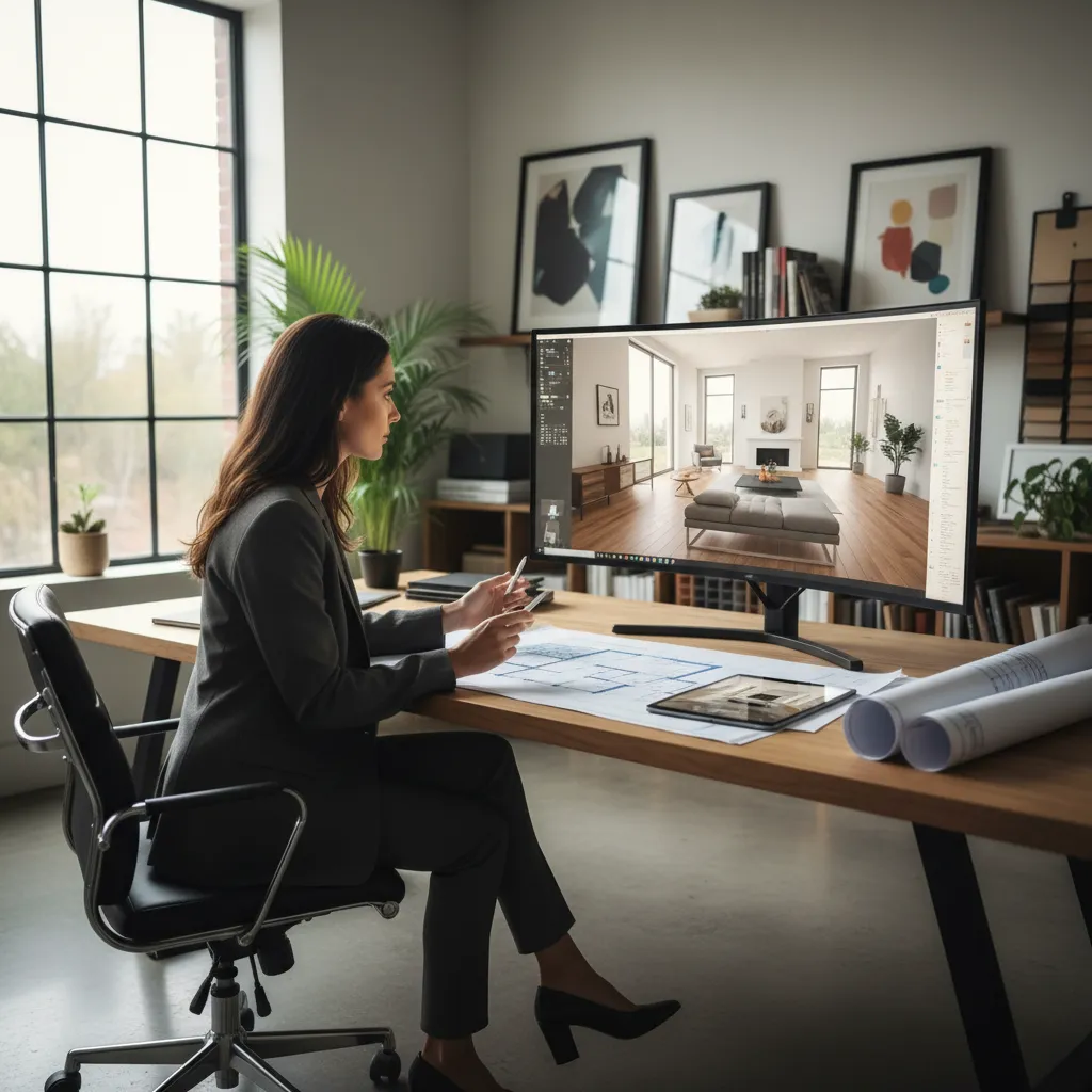 Diseñador revisando distribución interior en ordenador