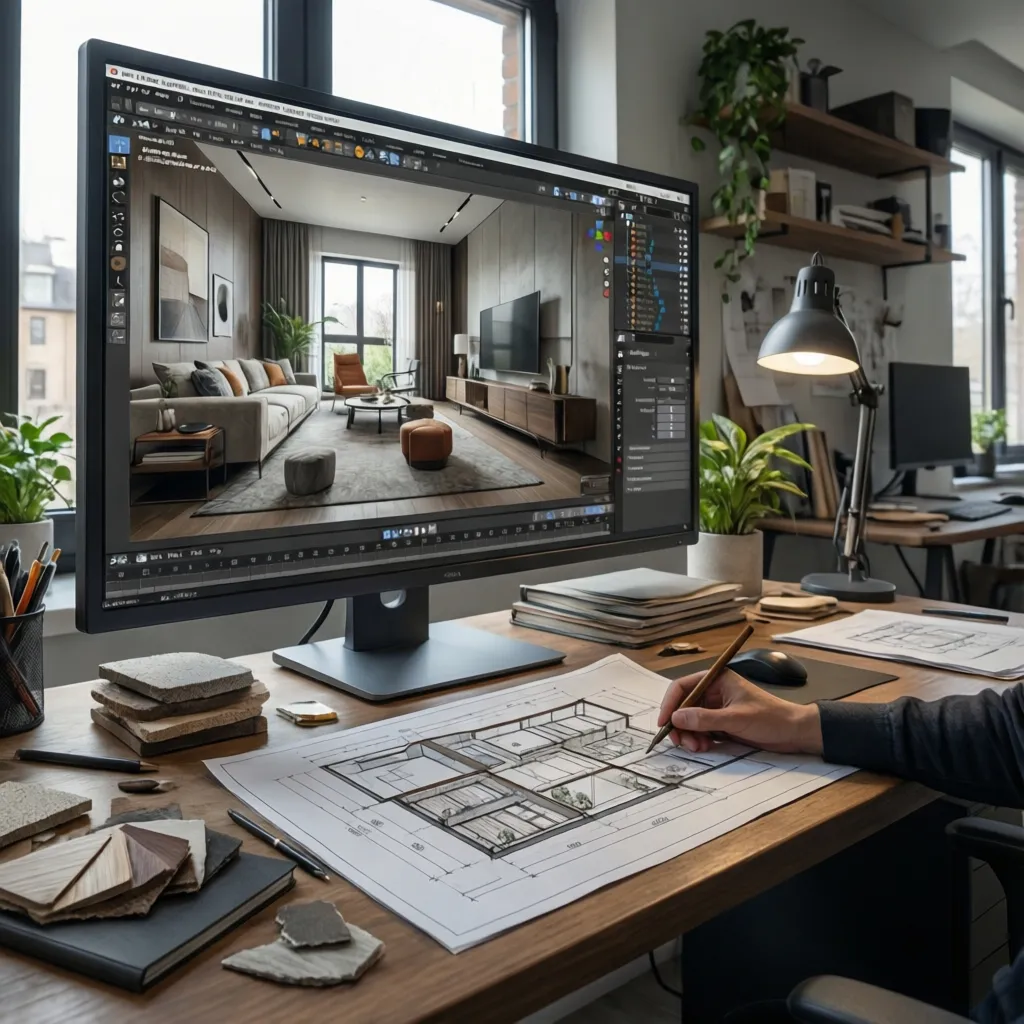 Diseñador trabajando en software de diseño interior en un estudio profesional