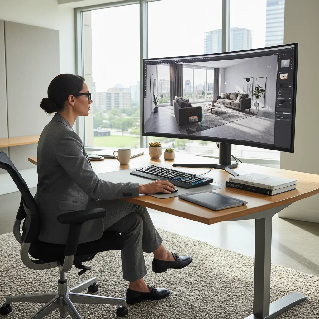 Woman sitting at desk using design software to create a modern home interior design drawing