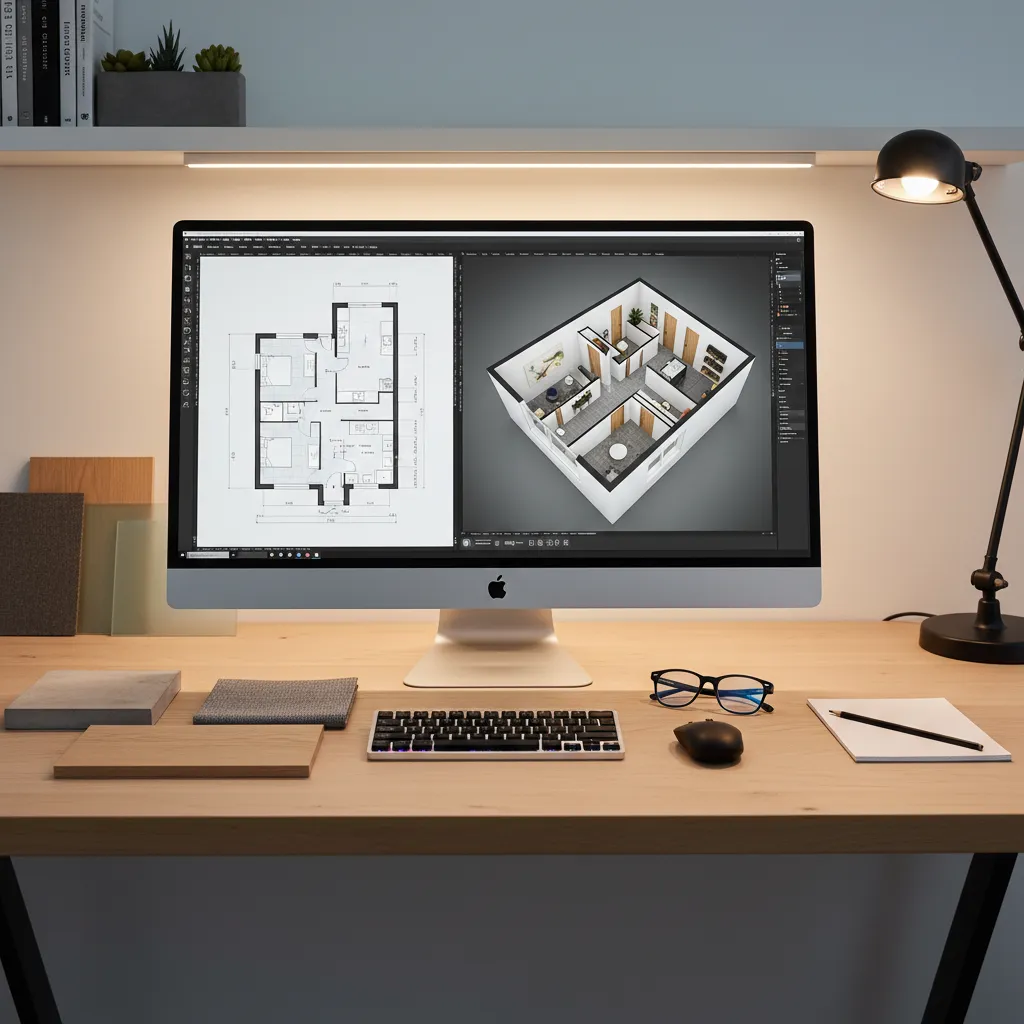 Pantalla de ordenador mostrando plano 2D y modelo 3D de un apartamento